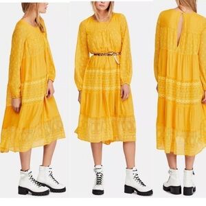 Free People Gemma Midi Dress in Mustard